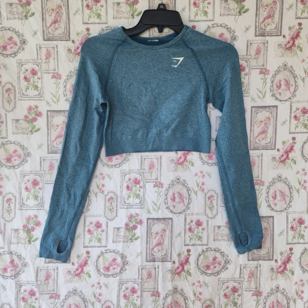 Gymshark Long Sleeve Workout Crop Top Women's XS-S Teal With Thumb Hole Teal